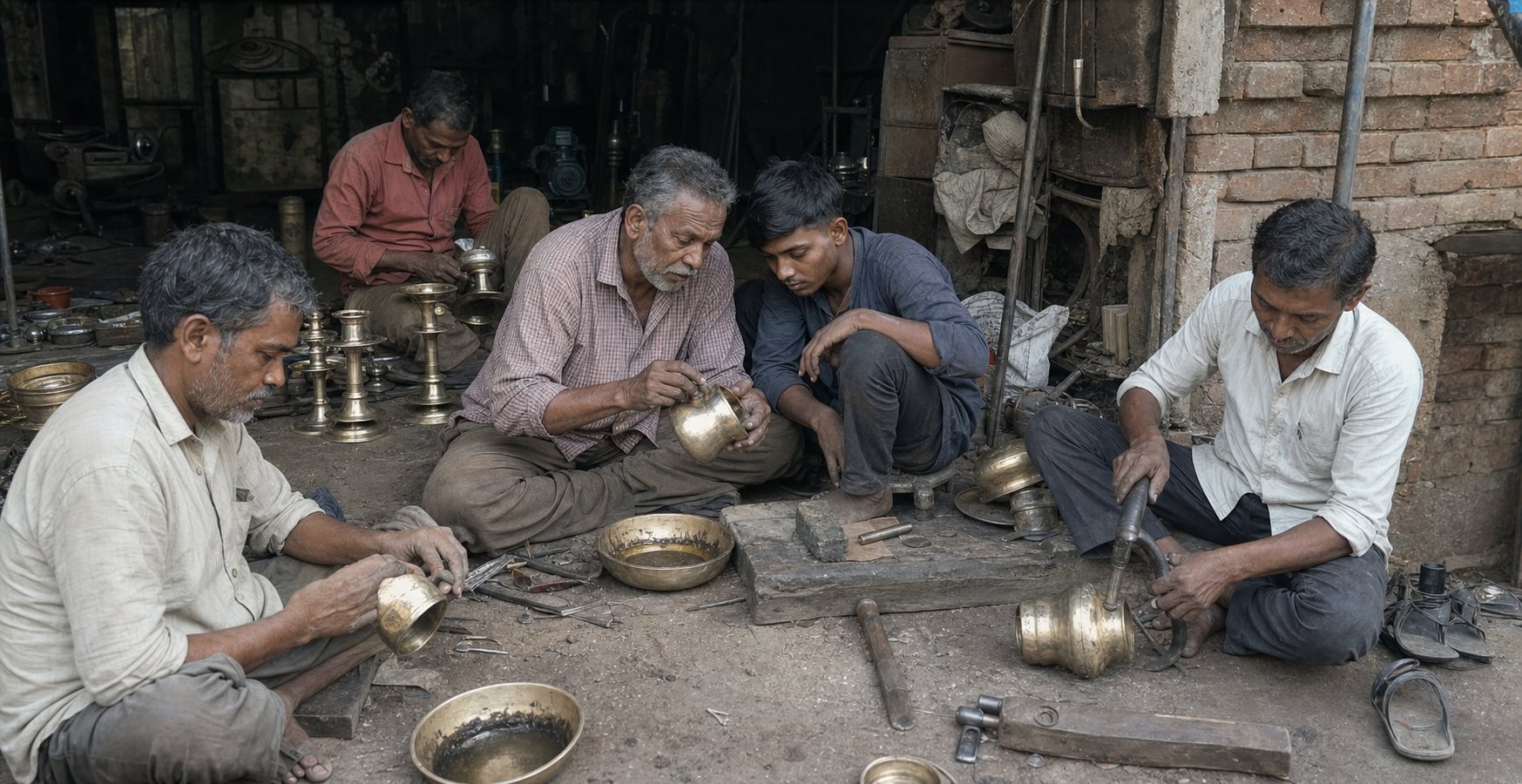 Brass artisans of different generations working together in a traditional workshop