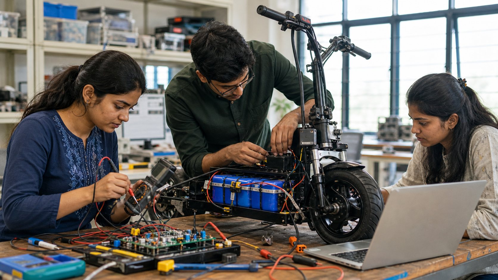 Young engineers testing and building an electric vehicle prototype in a workshop