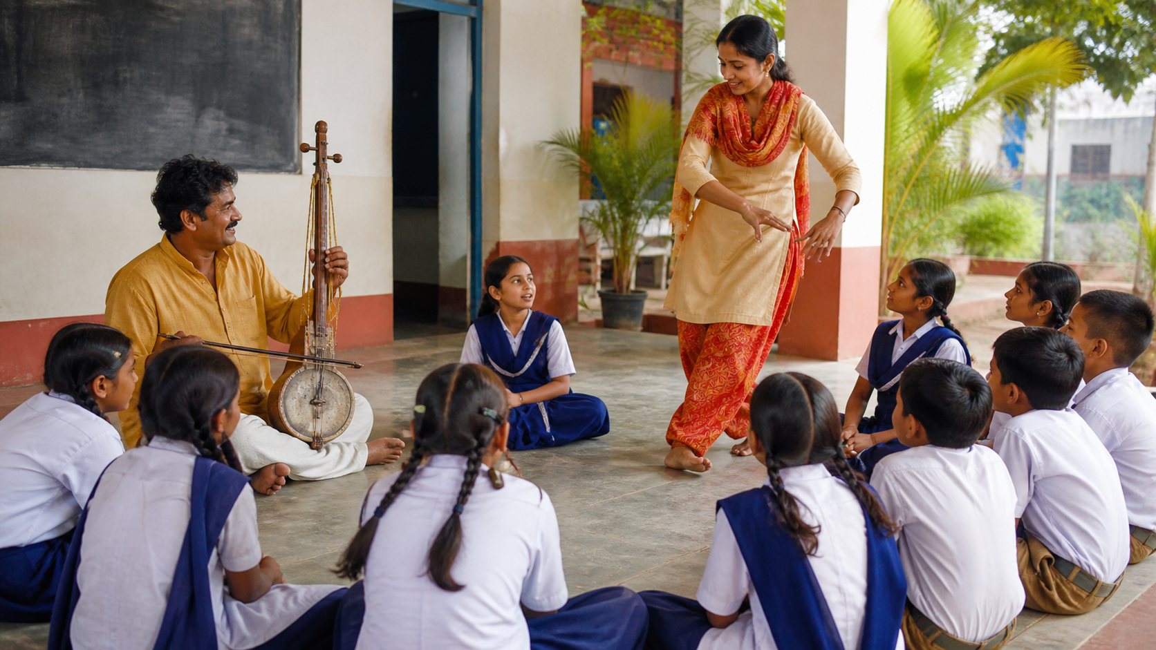 Schoolchildren learning traditional music and dance from visiting practitioners