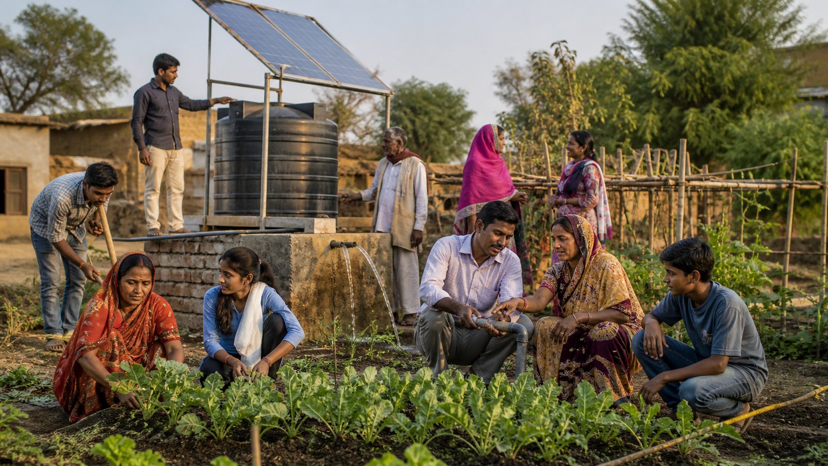 A solar-powered water pump serving a rural community, with residents filling containers